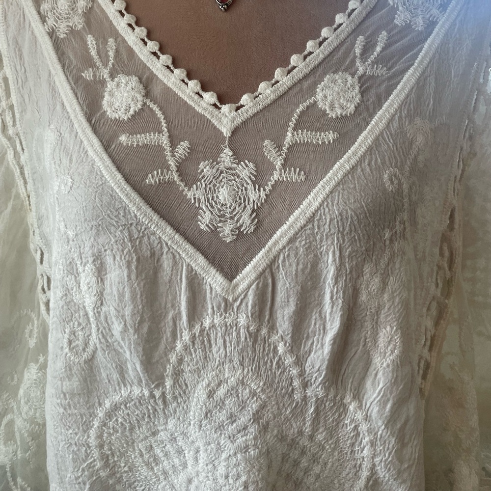 Embroidered V-Neck Cream Women's Blouse